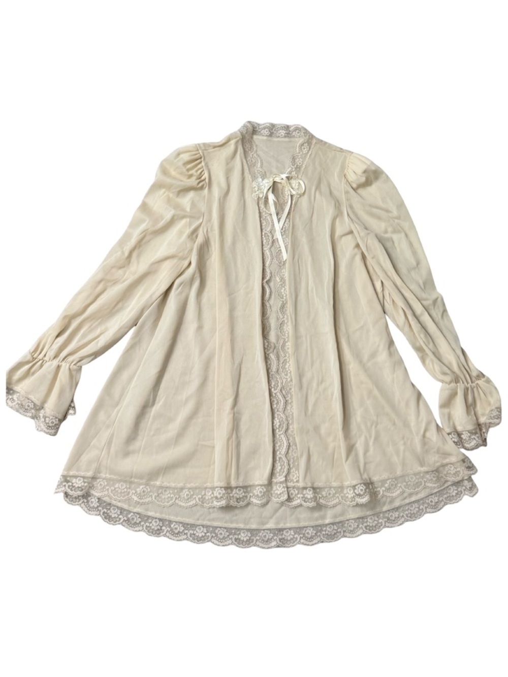Vintage Lace Peignoir Robe Embellished Beaded Sequins Bow Detail Ivory Large